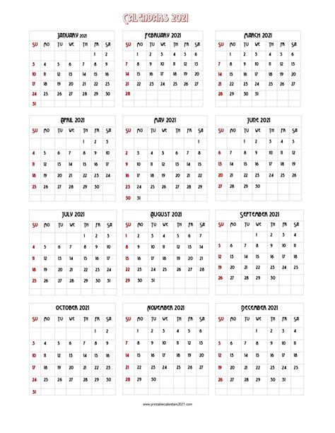 Free Yearly Vertical Calendar 2021 Month Calendar Printable