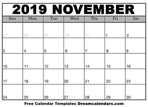 November 2019 Calendar Free Blank Printable With Holidays