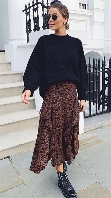 Trendy Leopard Print Midi Skirt With Comfy Black Knit Sweater And Edgy