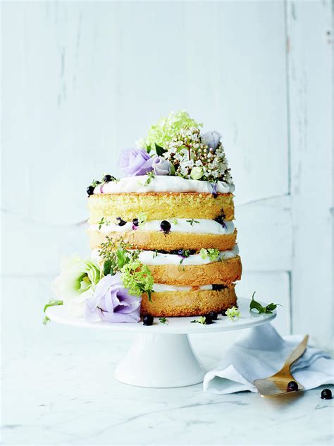 Mascarpone Blueberry Naked Cake Decorated With Flowers Photograph By