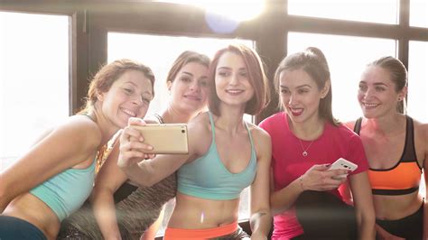 Group Of Women Communicate And Make Selfies Stock Video Footage 0010