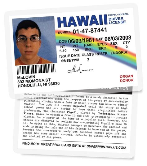 Mclovin Fake Id Card Superbad Super Bad Fogell Hi Hawaii Prop Drivers
