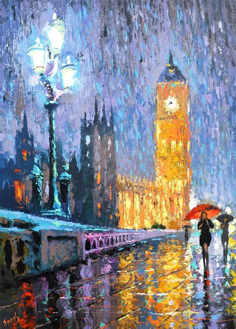 Londres De Noche En Lluvia Pintura Al Óleo Sobre Lienzo Por Pinturas