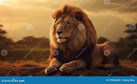 Roar of Silence: a Lion S Relaxation in the Savannah Stock Illustration