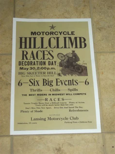 Vintage Lansing Motorcycle Club Hill Climb Poster Mason Michigan 1930s