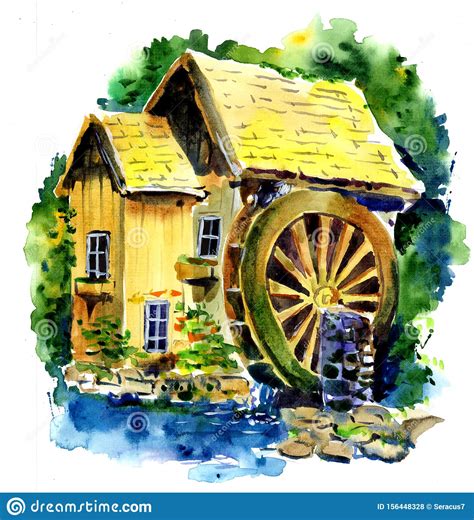 Old Water Mill Watercolor Wooden Mill Surrounded By Green Forest Stock