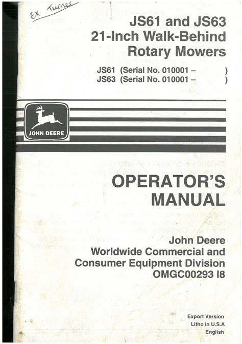 John Deere Walk Behind Rotary Mower Js61 And Js63 21 Inch Operators Manual
