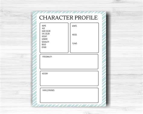 1 Page Character Profile Worksheet Writing Template Etsy
