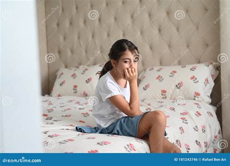 Sad Girl Sit In Bedroom Stock Photo Image Of Loneliness 181243746