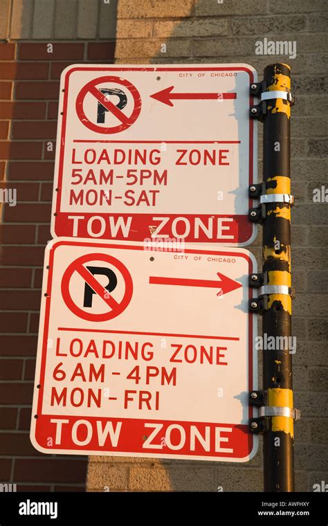 Illinois Chicago No Parking Loading Zone Tow Zone Warning Signs Stock