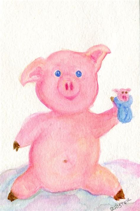 Pig Watercolors Painting Original Piglet With Pig In A Etsy