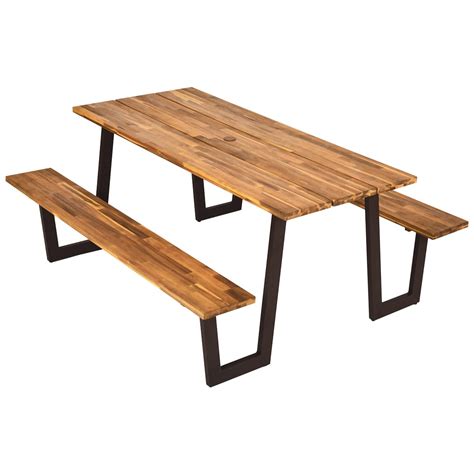 Buy Tangkula Picnic Table With 2 Benches Outdoor Acacia Wood Picnic Table Bench Set With 2 Inch