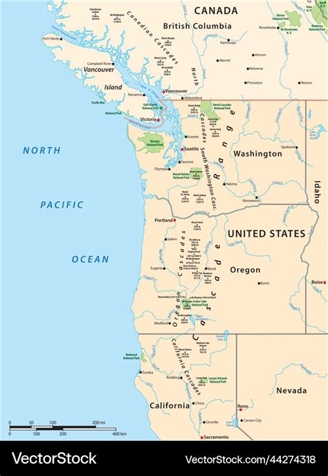 Map Of The Cascade Range North America Royalty Free Vector