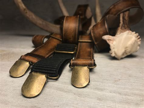 Rustic Finished Top Grain Leather Suspenders With Antiqued Brass Hardware