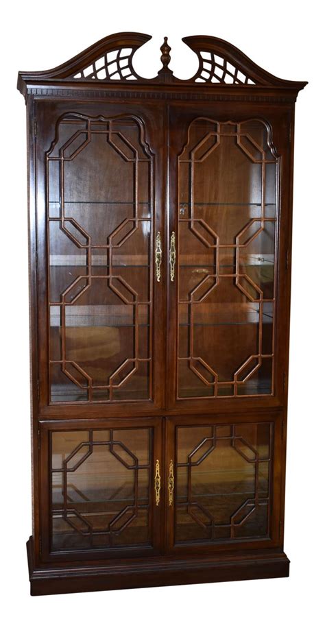 Stained glass lighted curio cabinet. Large Vintage Thomasville Chippendale Style Four Door ...