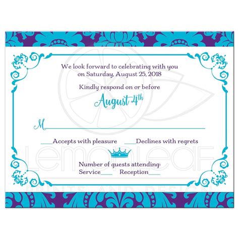 The fiesta de quince años (also fiesta de quinceañera, quince años, quinceañera and quinces) is a celebration of a girl's 15th birthday. Quinceañera RSVP Card | PRINTED Ribbon, Bow, Jeweled Brooch | Purple, Turquoise Damask