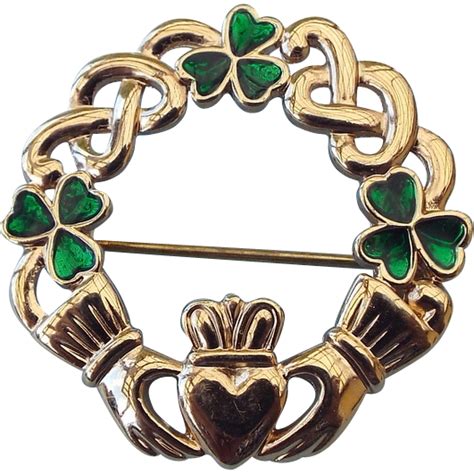 Signed Vintage Celtic Claddagh Pin With Clovers Celtic Claddagh