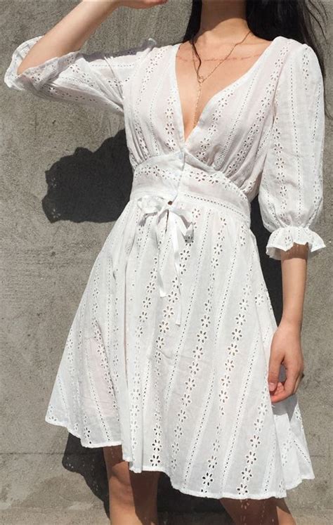 white deep v neck flared half long sleeves short dress short dresses fashion beautiful white