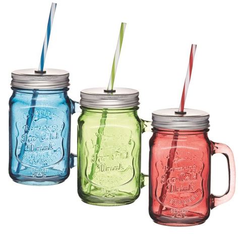 Kitchen Craft 450 Ml Glass Drinking Mason Jar With Straw Assorted Colorslunch Solutions