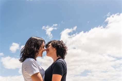 happy lesbian couple kissing portrait stock image image of light