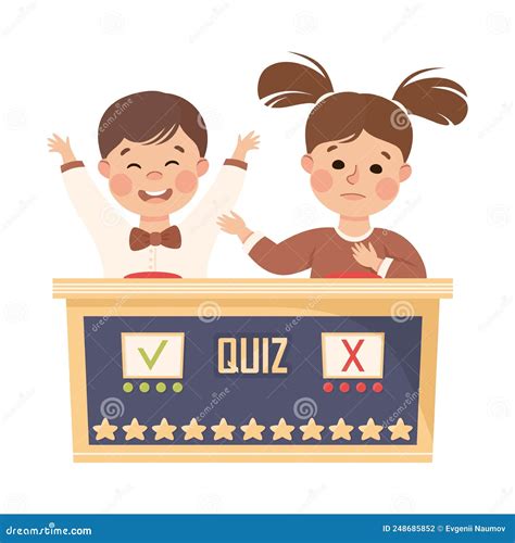 Little Boy And Girl Playing Quiz Game Or Mind Sport Standing At Press