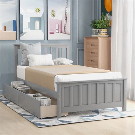 Twin Size Platform Bed With Two Drawers Gray