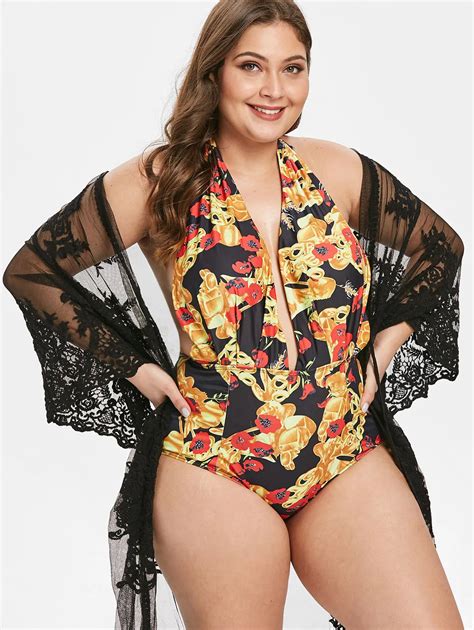 wipalo women plus size floral print halter backless one piece swim wear sexy plunging neck beach