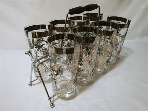 Vintage Mcm Drinking Glasses With Caddy Gold Rim With Wheat Etsy