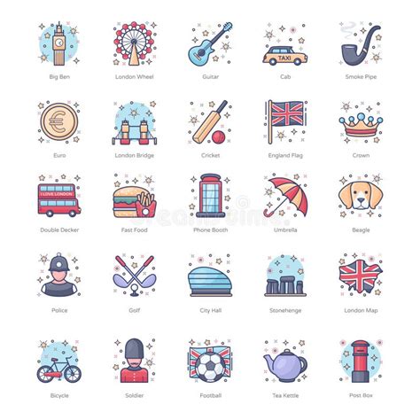 British Culture Icons In Modern Flat Style Pack Stock Vector