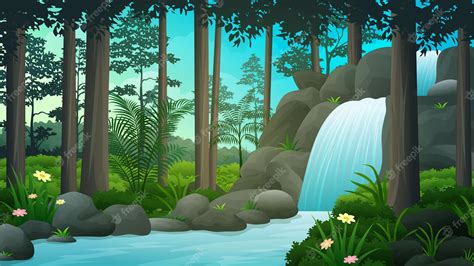 Premium Vector Beautiful Waterfall Scenery In Tropical Forest Nature