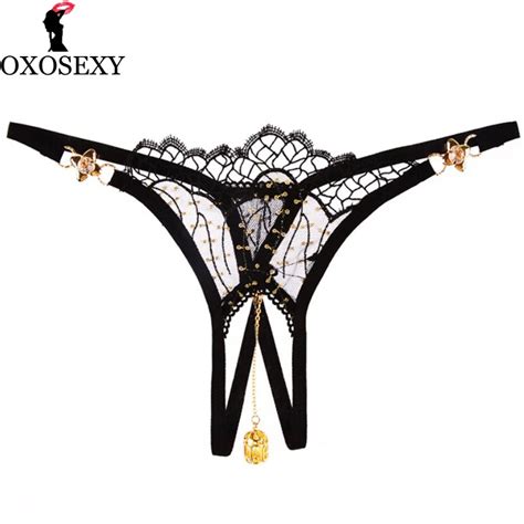 Black Embroidery Open Crotch Bikini Women Sexy G String Thongs Intimates Briefs Women Lace