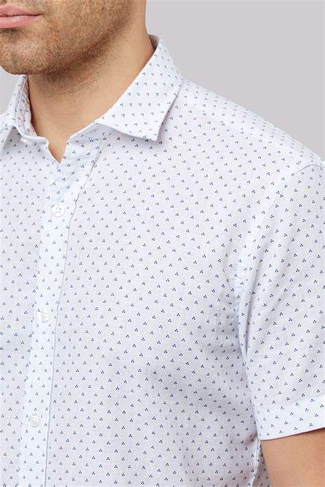Moss 1851 Slim Fit White Linen Short Sleeve Printed Casual Shirt