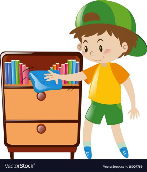 Boy Cleaning Shelf Full Of Books Royalty Free Vector Image