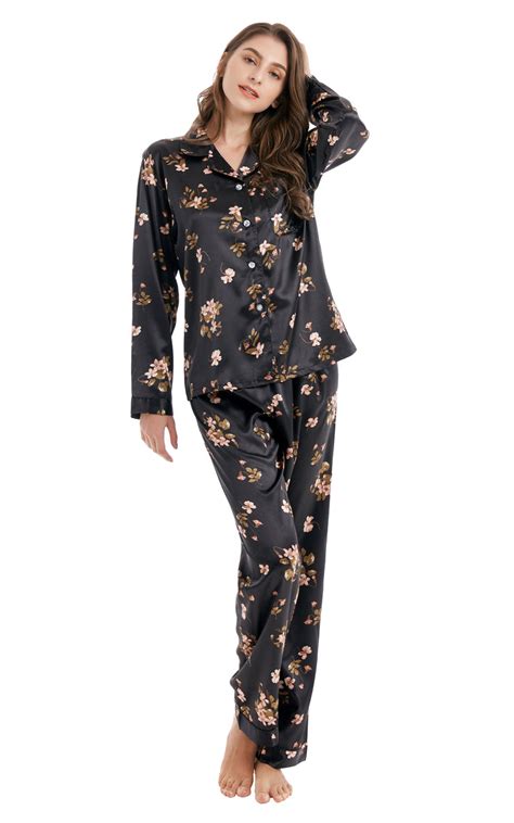 Women S Silk Satin Pajama Set Long Sleeve Black Floral Print Tony And Candice
