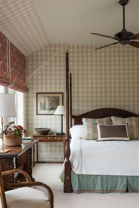 Old English Country Style Bedroom With Canopy Bed And Checkered