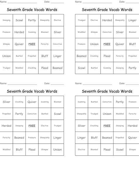 Seventh Grade Vocab Words Bingo Cards Wordmint