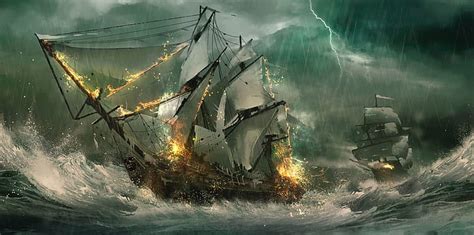 Hd Wallpaper Sea Wave Storm Lightning Ships Sailboats Frigates