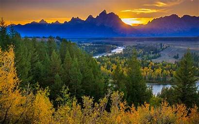 Sunset River Forest Mountains Landscape Autumn Wallpapers