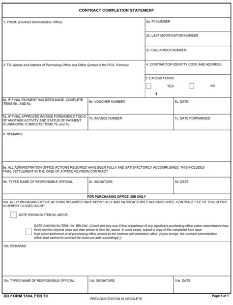 Dd Form 1594 Contract Completion Statement Dd Forms