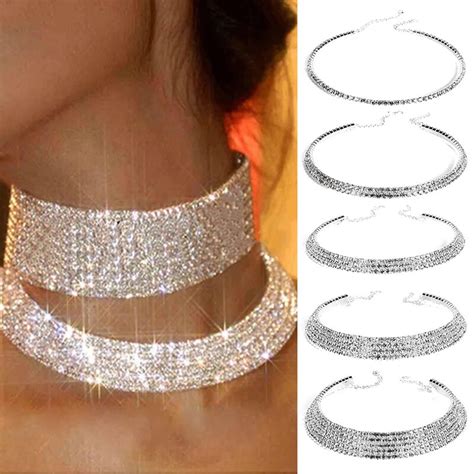 Silver Rhinestone Crystal Choker Necklace Bridal Wedding Necklace Women
