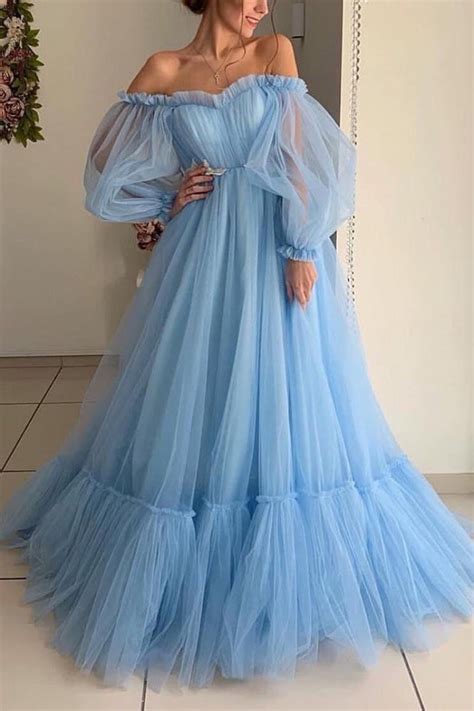 Light Sky Blue Off The Shoulder Ruffled Long Sleeves Ball Gown Lizprom