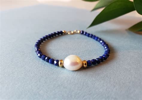 Pearl Bracelet With Baroque Pearl And Lapis Lazuli Genuine Etsy
