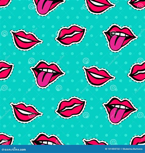 seamless pattern with fashionable lips patch set stock vector illustration of bright cute