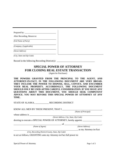 Special Or Limited Power Of Attorney For Real Estate Purchase Transaction By Purchaser Alaska