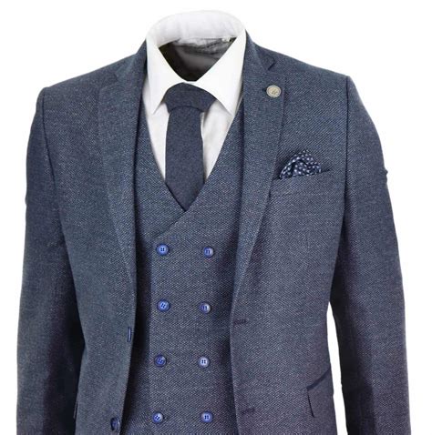 Mens Blue Piece Suit With Double Breasted Waistcoat Buy Online Happy Gentleman