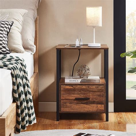 Vecelo Nightstand With Charging Station Endside Table With Storage