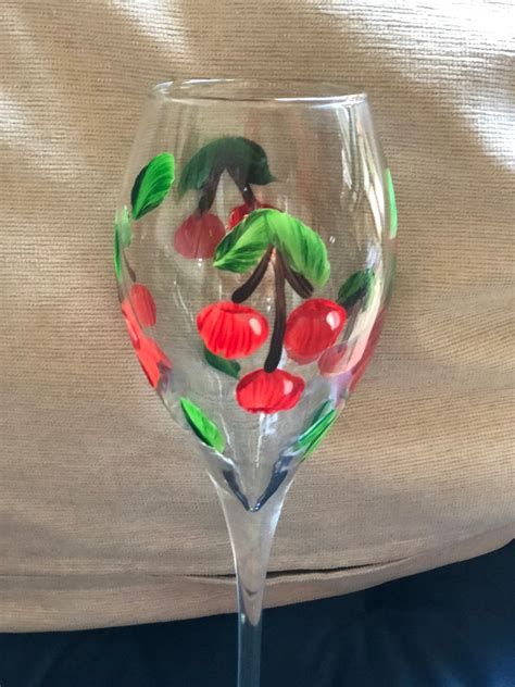 Hand Painted Wine Glass With Red Cherries And Matching T Etsy
