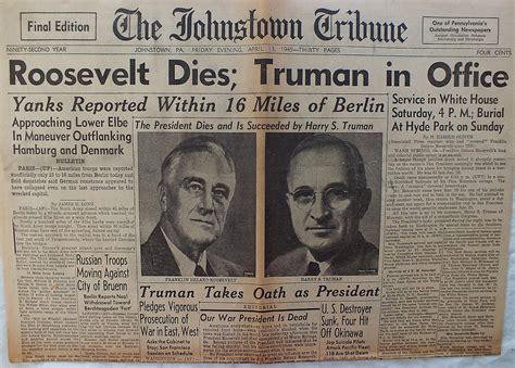 Vintage Johnstown April 13 1945 Roosevelt Dies Truman In Office