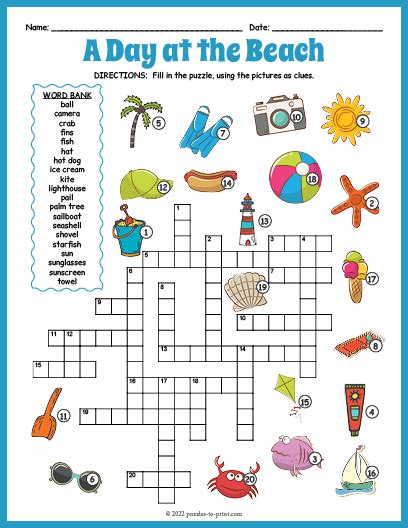 Beach Theme Day Summer Crossword Puzzle Worksheet Activity Made By