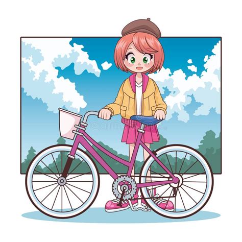 Beautiful Teenager Girl In Bicycle Anime Character In The Landscape